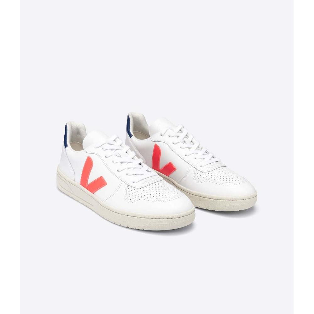 Veja V-10 LEATHER Women's Sneakers White/Orange/Blue | NZ 646JPQ